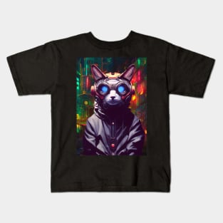 Techno Cat In Japan Neon City Kids T-Shirt